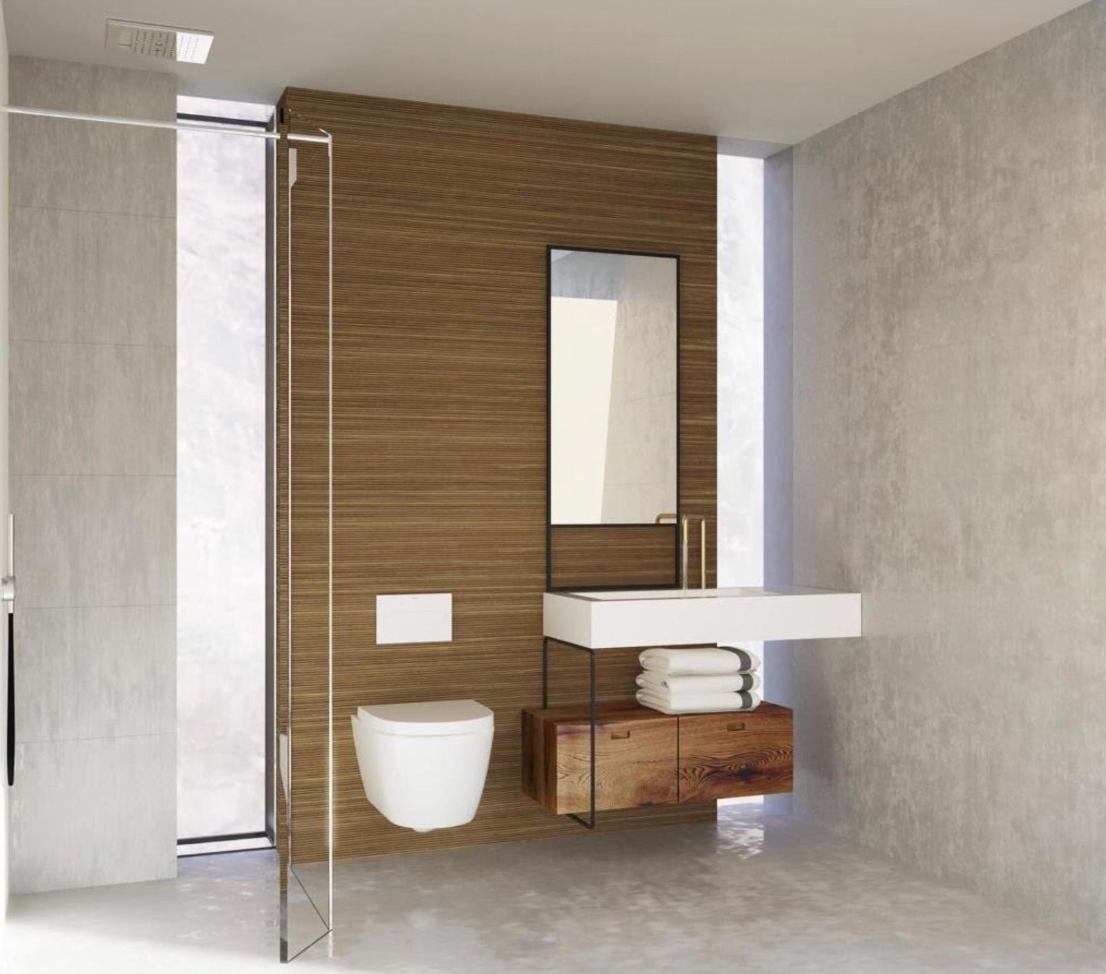 Modern bathroom with walk-in shower, wall-mounted toilet and wooden vanity of a 3-bedroom villa in Benitachell - The Estates