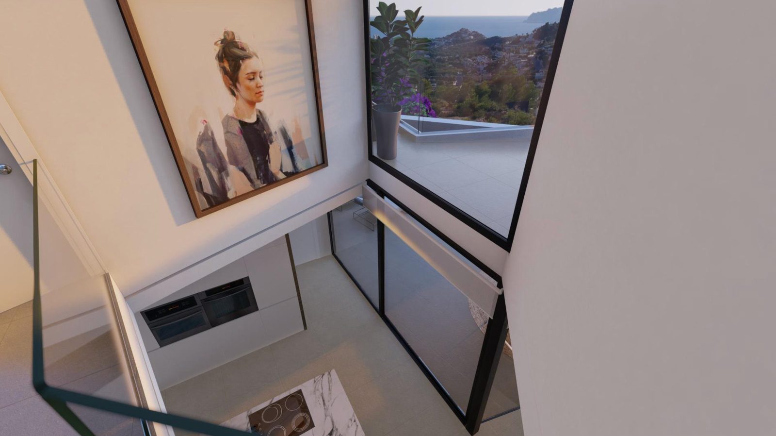 Interior stairwell with artwork and panoramic sea views in a 3-bedroom villa in Benitachell