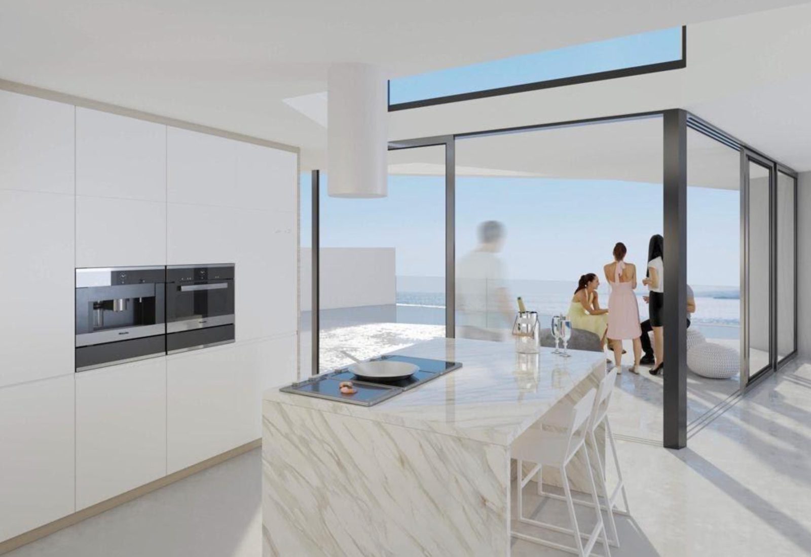 Modern kitchen with marble island and panoramic sea views in a 3-bedroom villa in Benitachell - The Estates