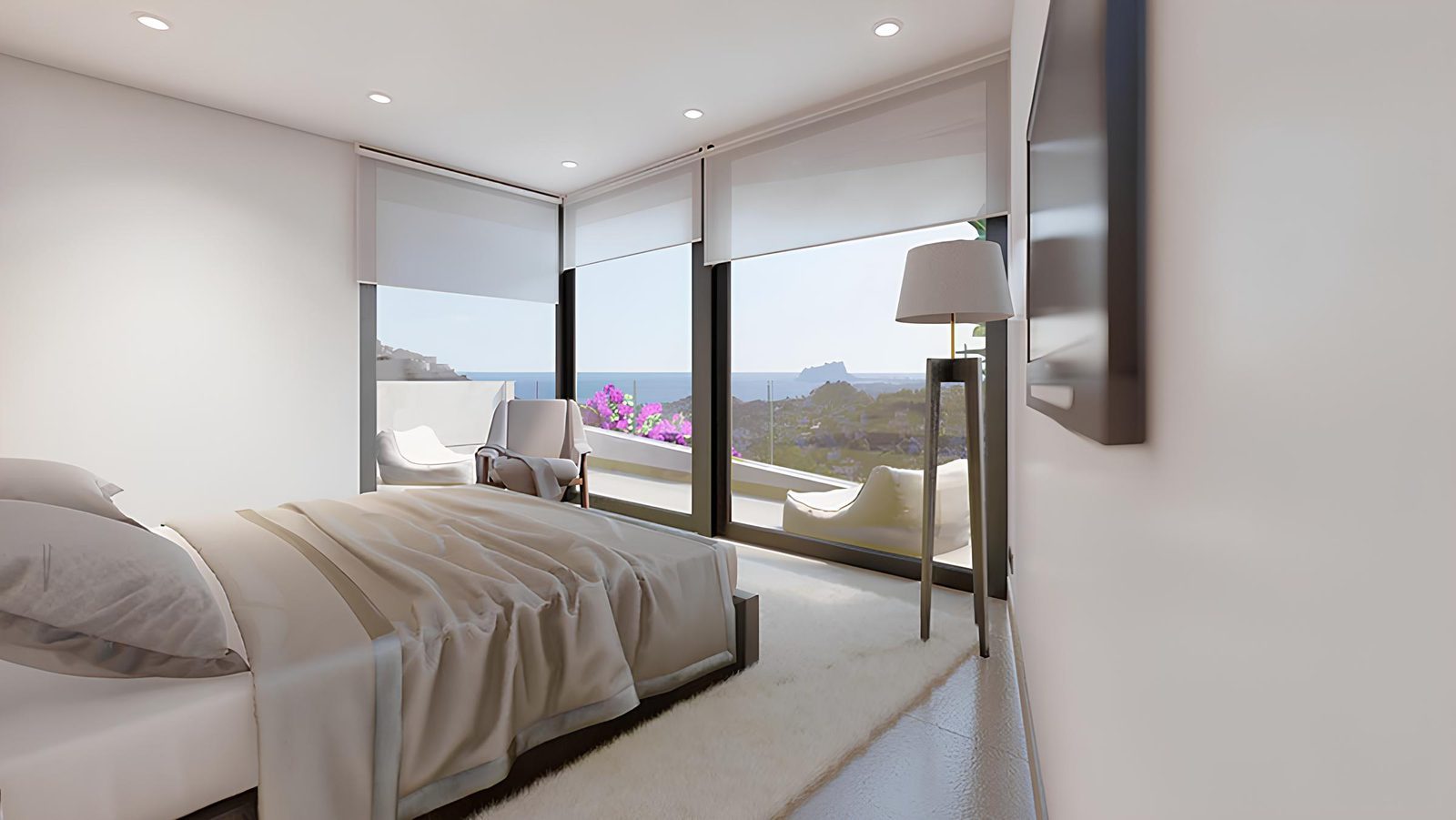Bright bedroom with panoramic sea views of a 3-bedroom villa in Benitachell - The Estates
