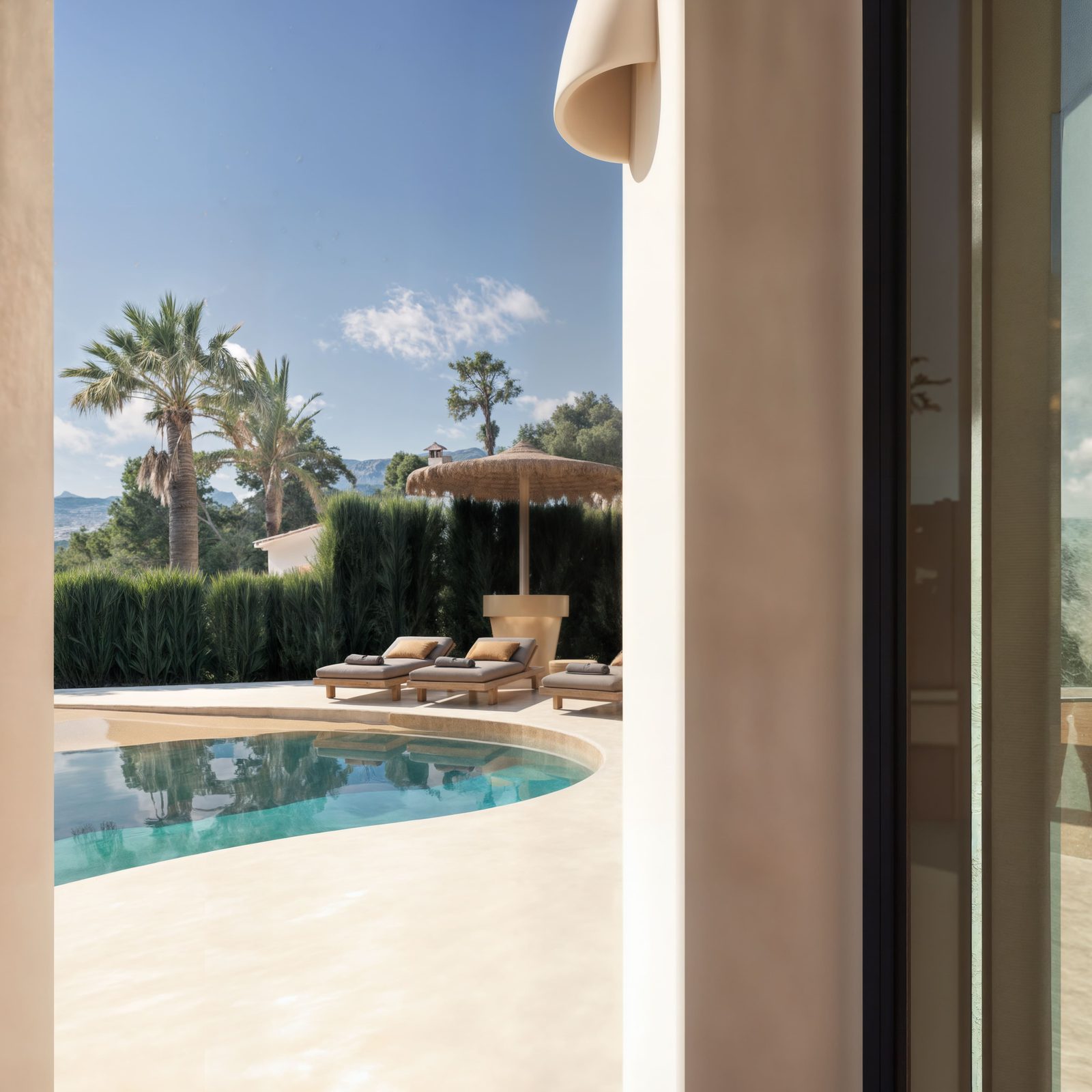 A luxurious pool and sun loungers with sea and city views at a 4-bedroom villa in Moraira - The Estates