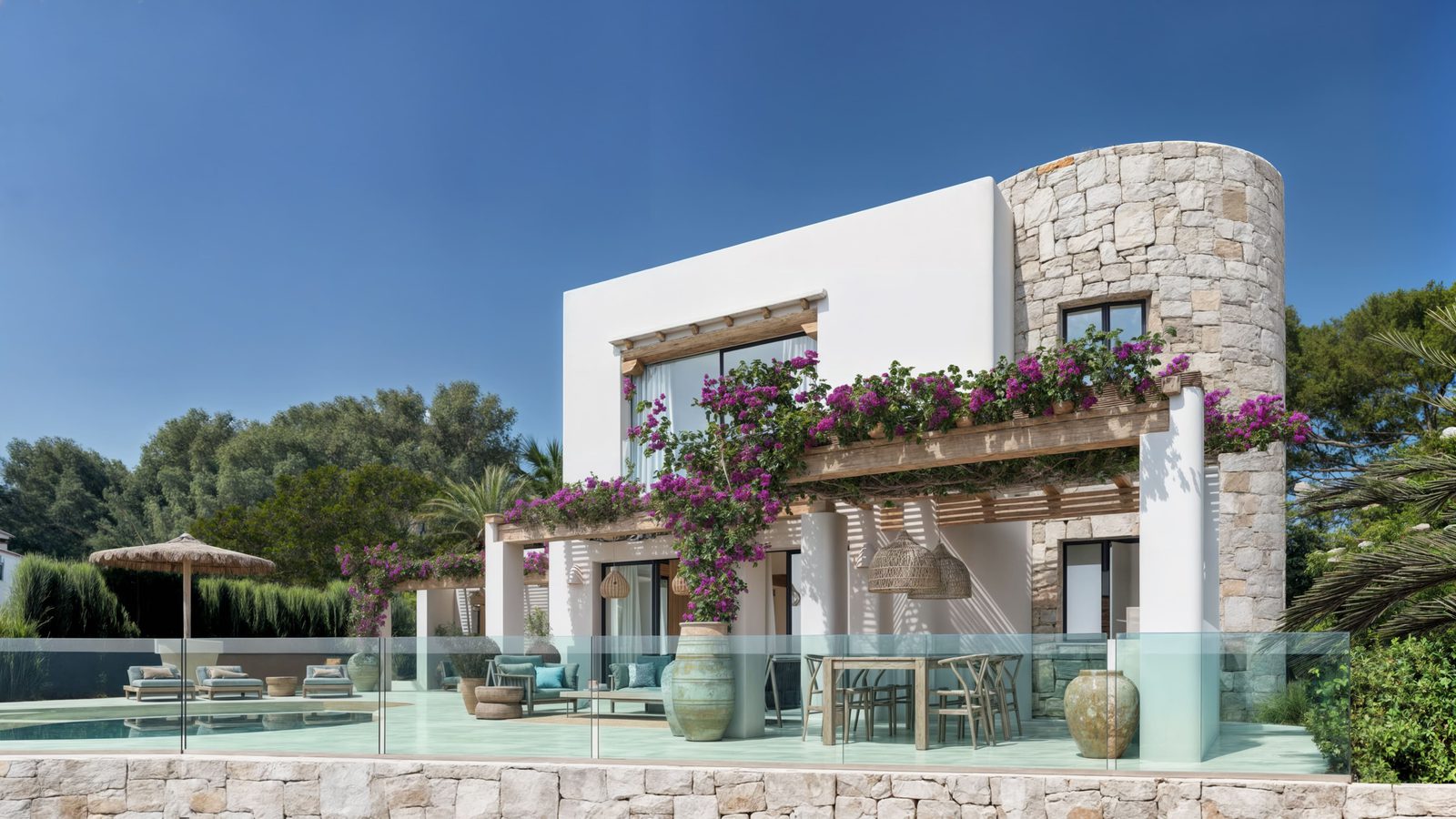 Exterior view of a stunning 4-bedroom villa with a pool and garden in Moraira - The Estates