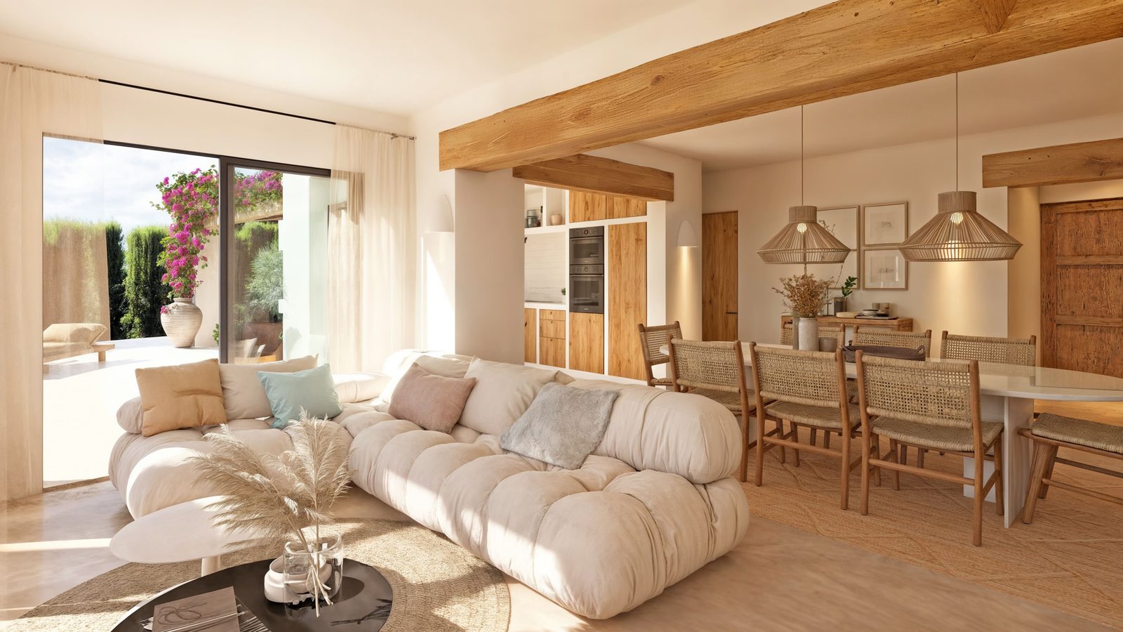Stylish living room with natural wood beams and views of a garden in a 4-bedroom villa in Moraira - The Estates