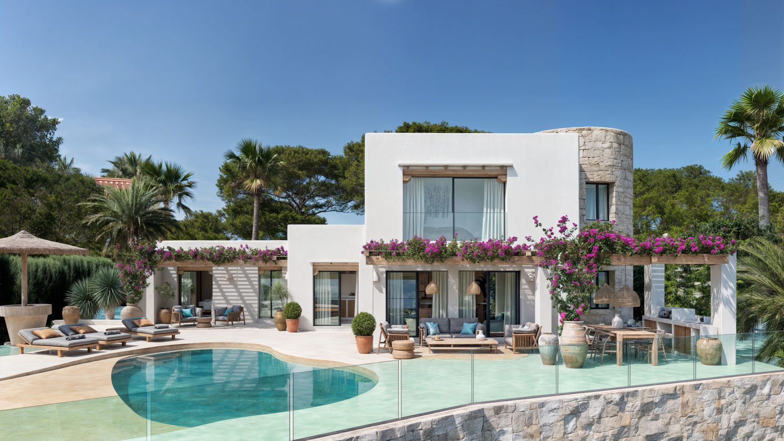 Exterior view of a 4-bedroom villa with a pool and lush garden in Moraira - The Estates