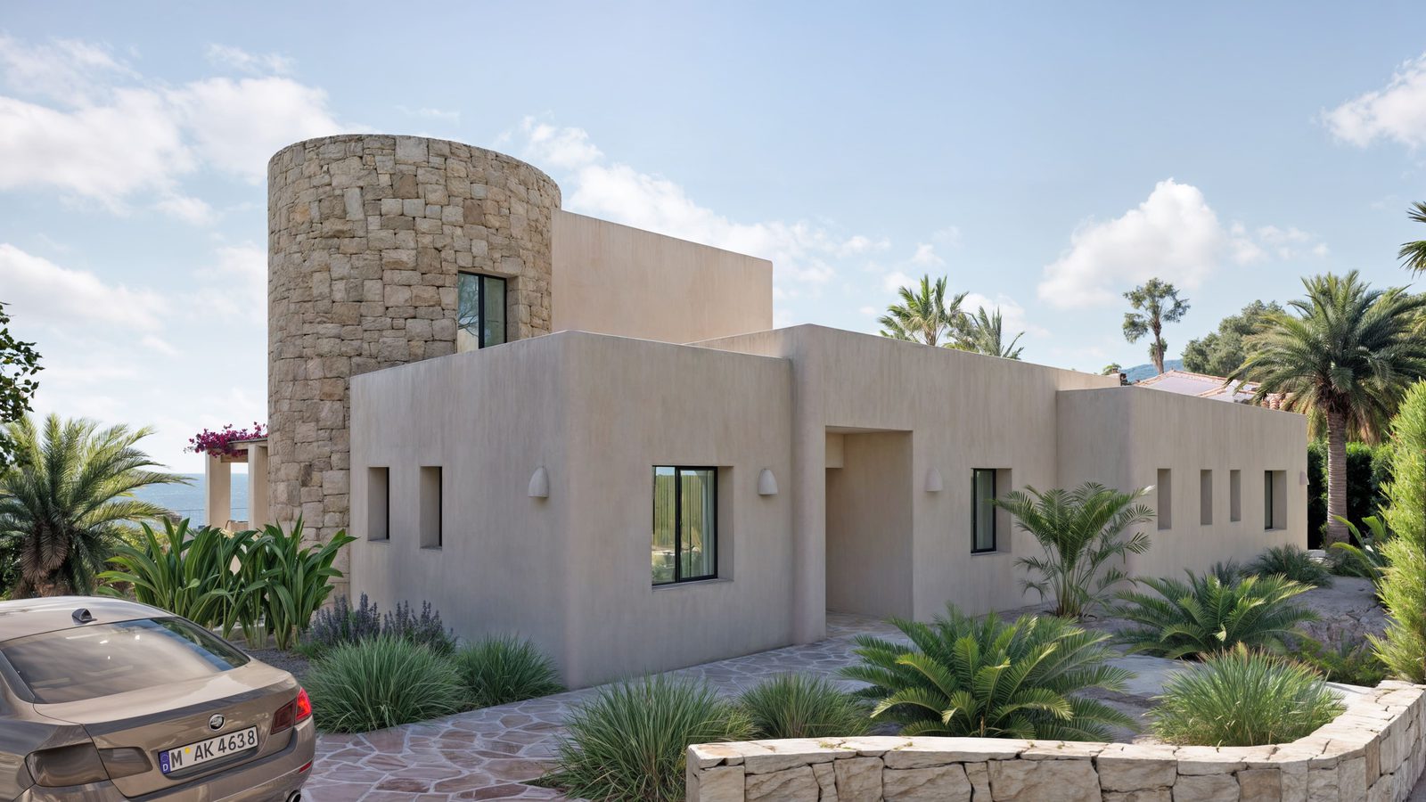 Exterior view of a stone tower and modern villa with sea views in Moraira - The Estates