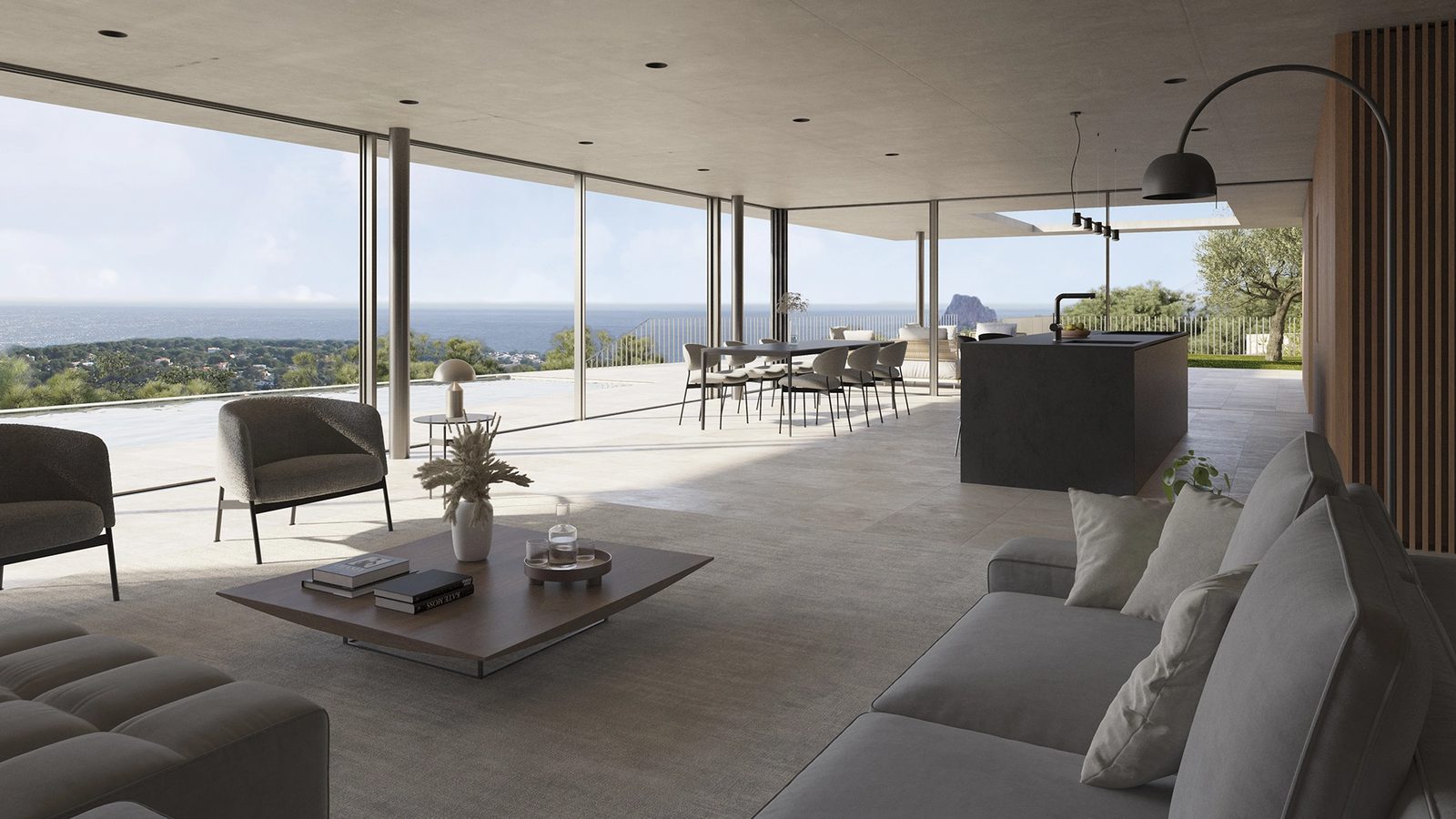 Open-plan living room and kitchen with panoramic sea views in a 4-bedroom villa in Benissa - The Estates