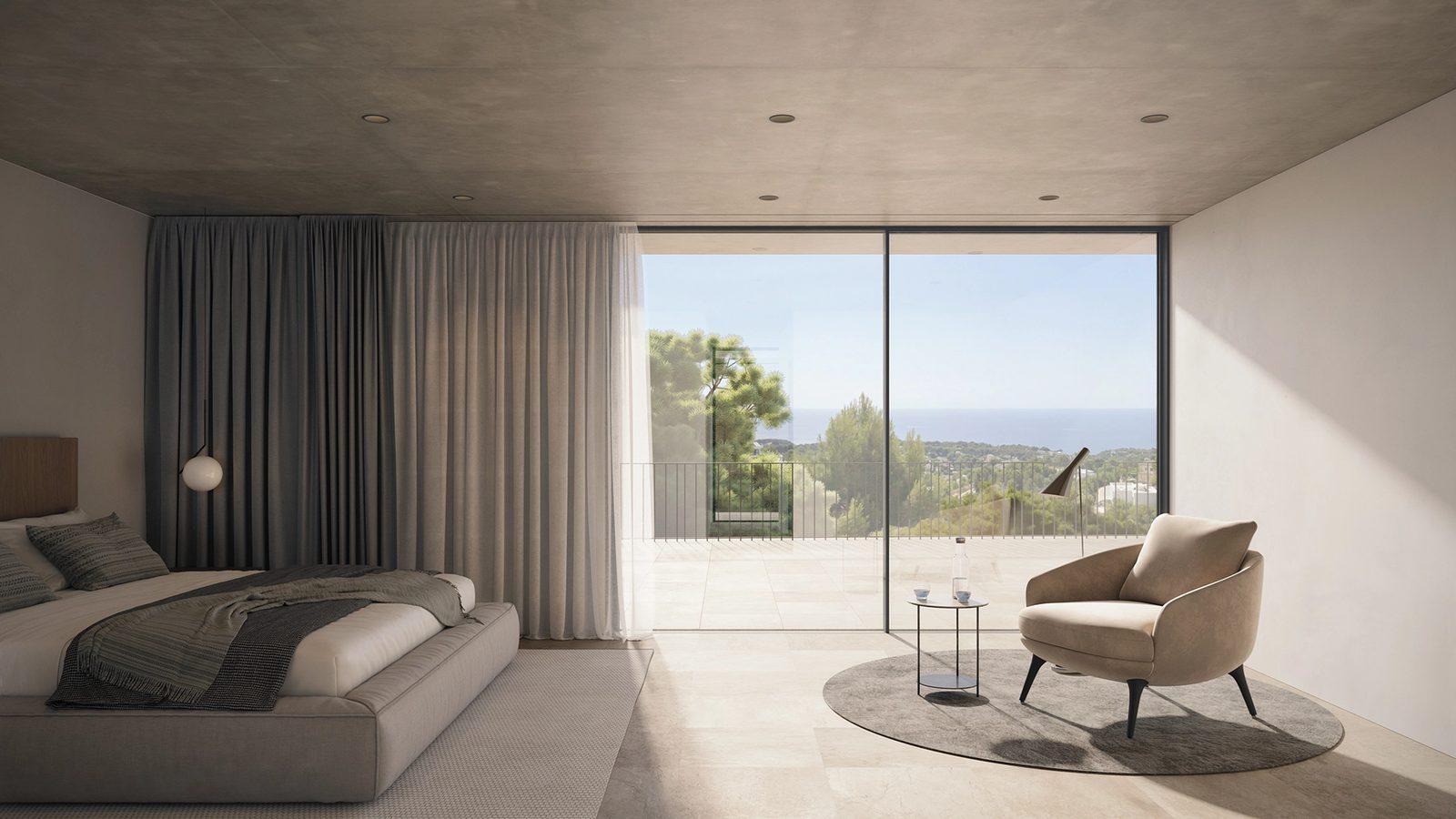 Modern bedroom with panoramic sea views of a 4-bedroom villa in Benissa - The Estates