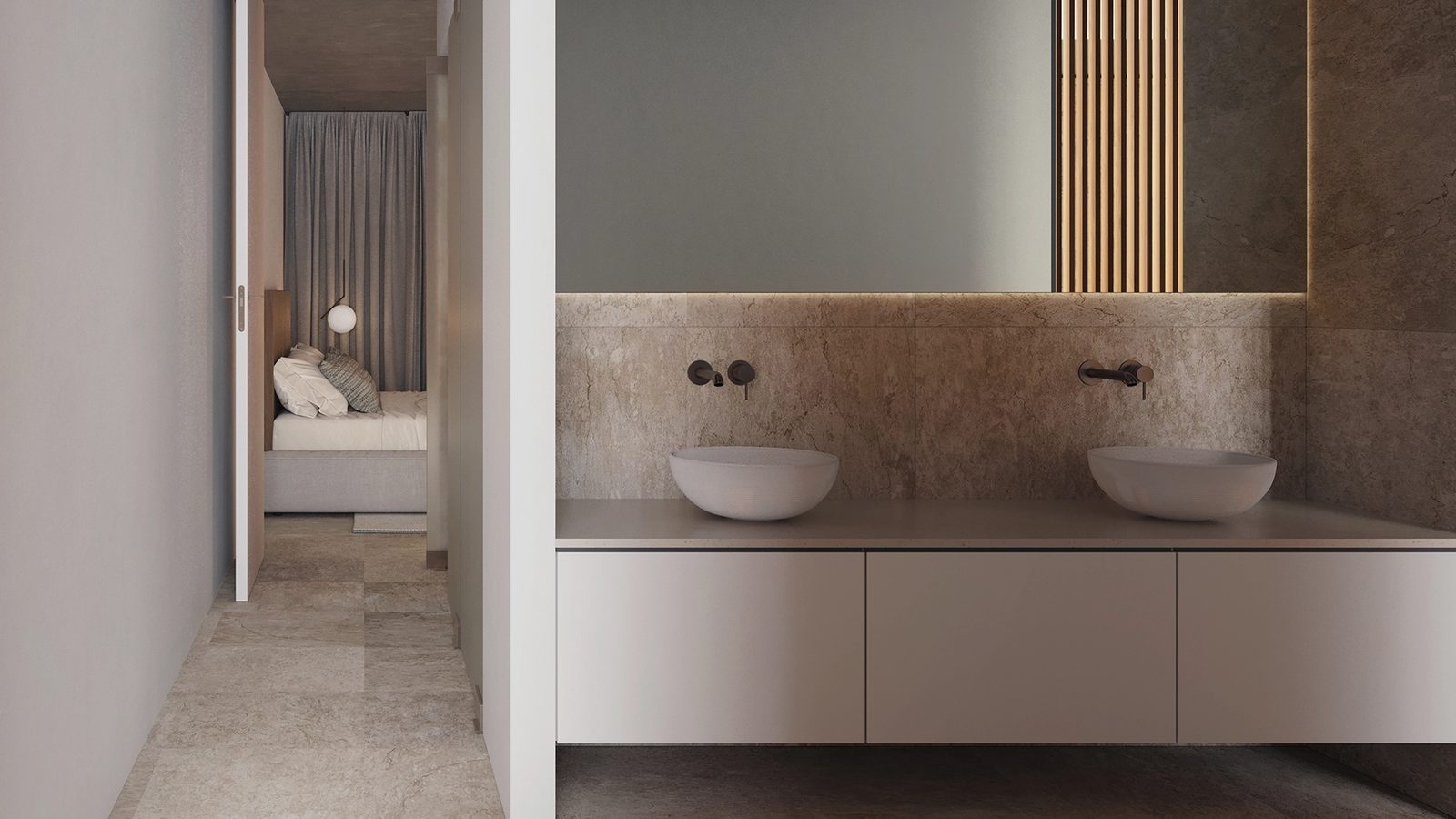 Modern bathroom with double vessel sinks and stone wall beside a bedroom of a 4-bedroom villa in Benissa - The Estates