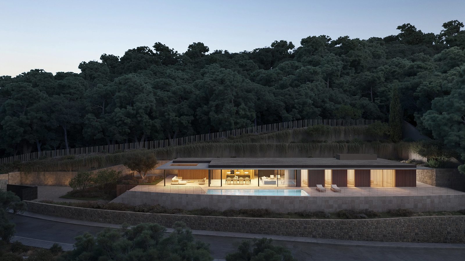 Modern single-storey villa with pool and illuminated interiors