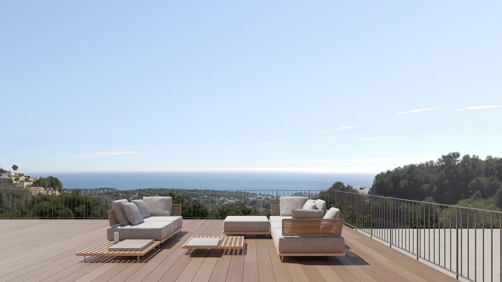 Sun terrace with lounge seating and panoramic sea views at a 4-bedroom villa in Benissa - The Estates