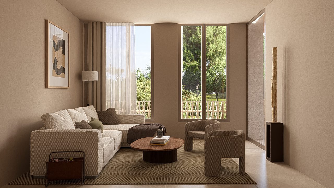 Elegant living room with seating, coffee table and garden views through tall windows of a 4-bedroom townhouse in Jávea - The Estates