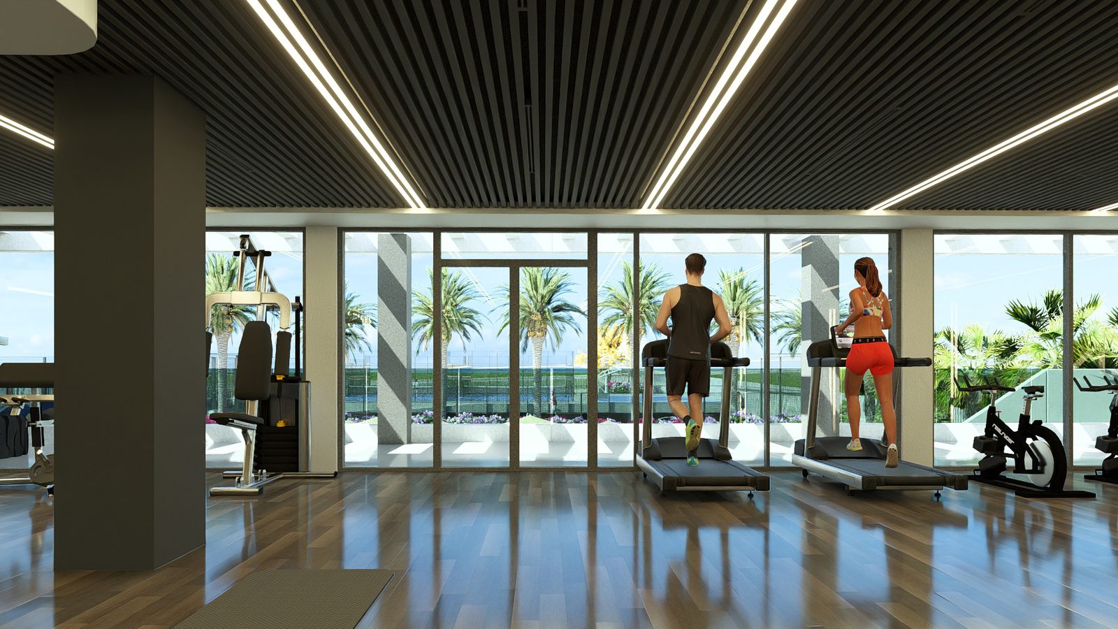 A modern gym with large windows overlooking palm trees and a pool in a 3-bedroom semi-detached in Torrevieja - The Estates