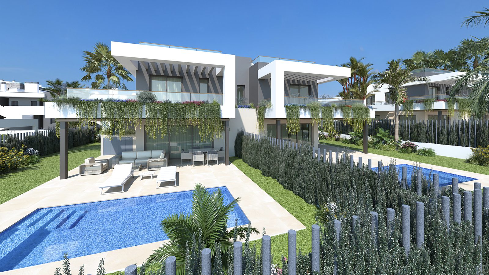 Exterior view of a modern 3-bedroom semi-detached home with a pool and garden in Torrevieja - The Estates