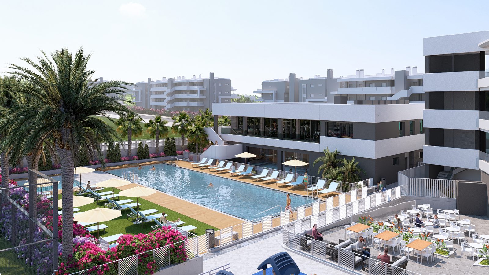 Exterior view of a 3-bedroom semi-detached in Torrevieja with a pool and lounge area - The Estates