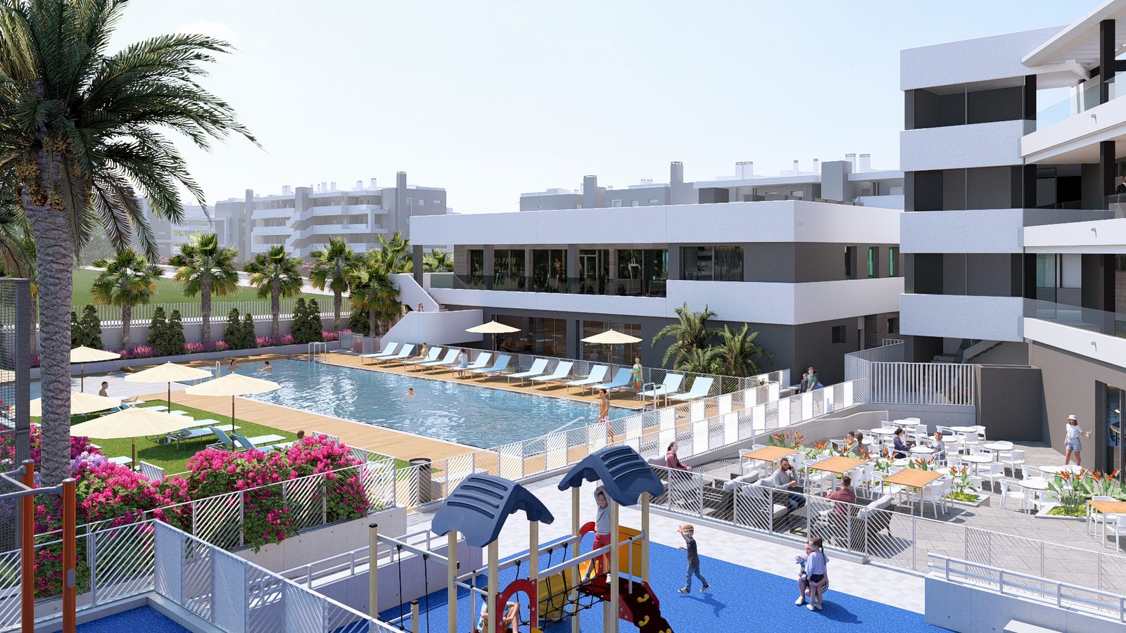 Exterior view of a 3-bedroom semi-detached with a pool and garden in Torrevieja - The Estates