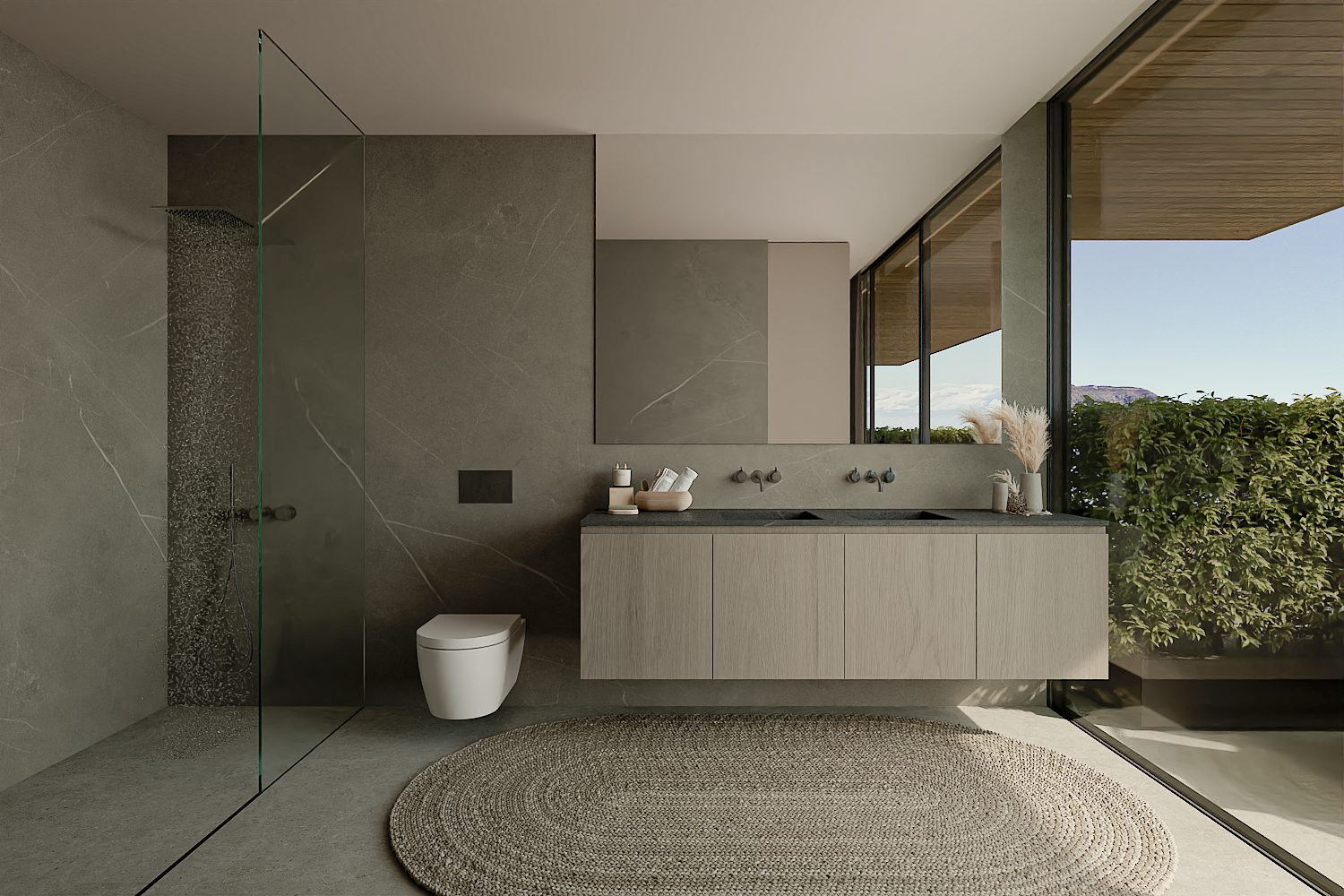 A modern bathroom with a walk-in shower and double vanity in a 3-bedroom apartment in Altea - The Estates