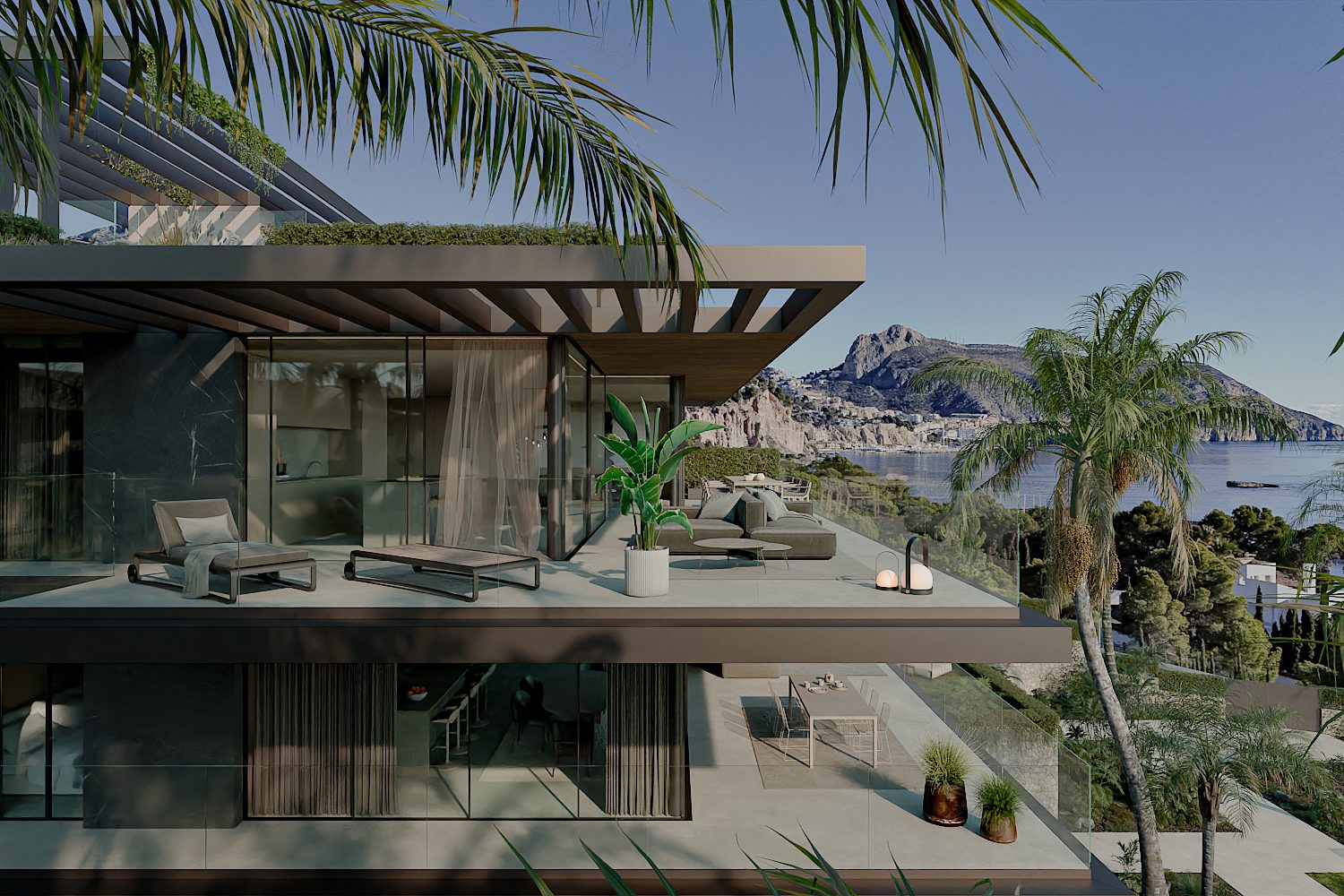 A modern terrace with sea and mountain views from a 3-bedroom apartment in Altea - The Estates