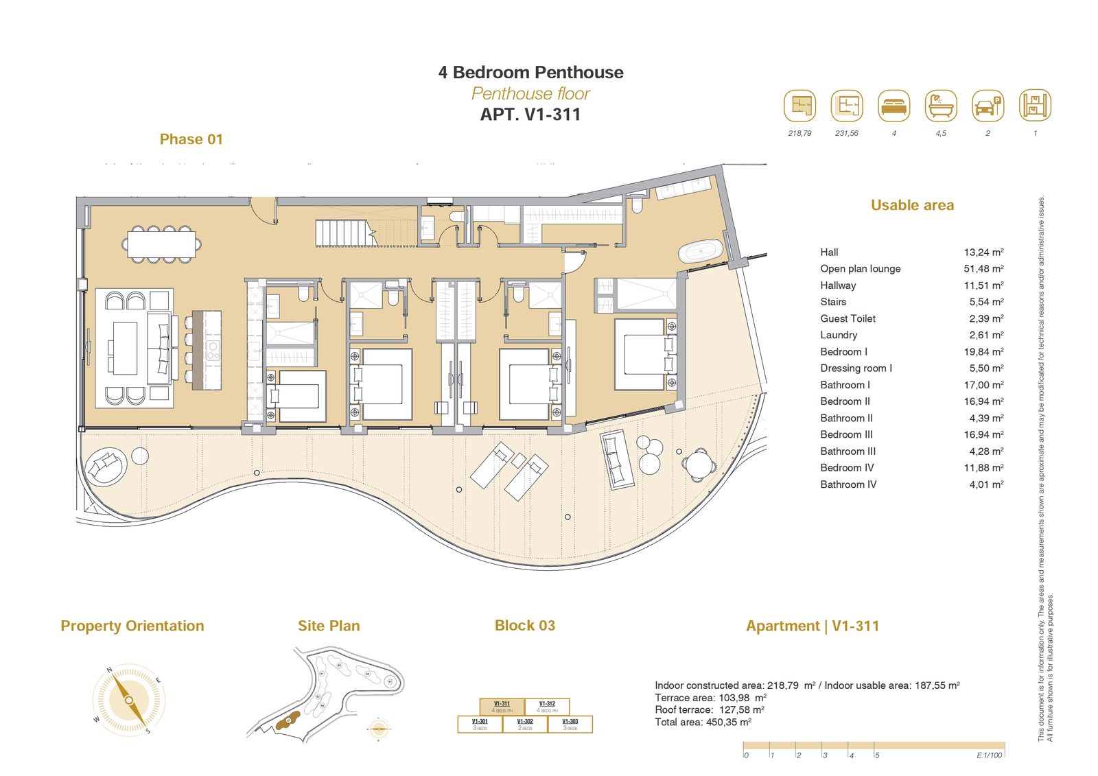 Floor plan showing layout, terraces and room arrangement of a 4-bedroom penthouse in Málaga - The Estates