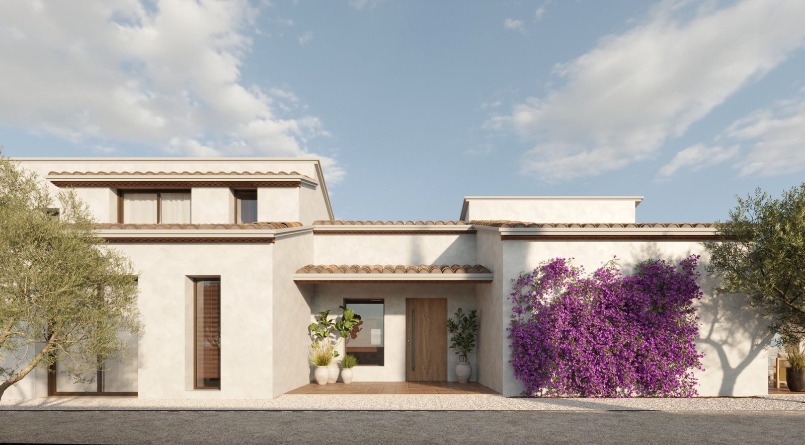 Front facade with tiled roofs, entrance and bougainvillea of a 4-bedroom villa in Moraira - The Estates