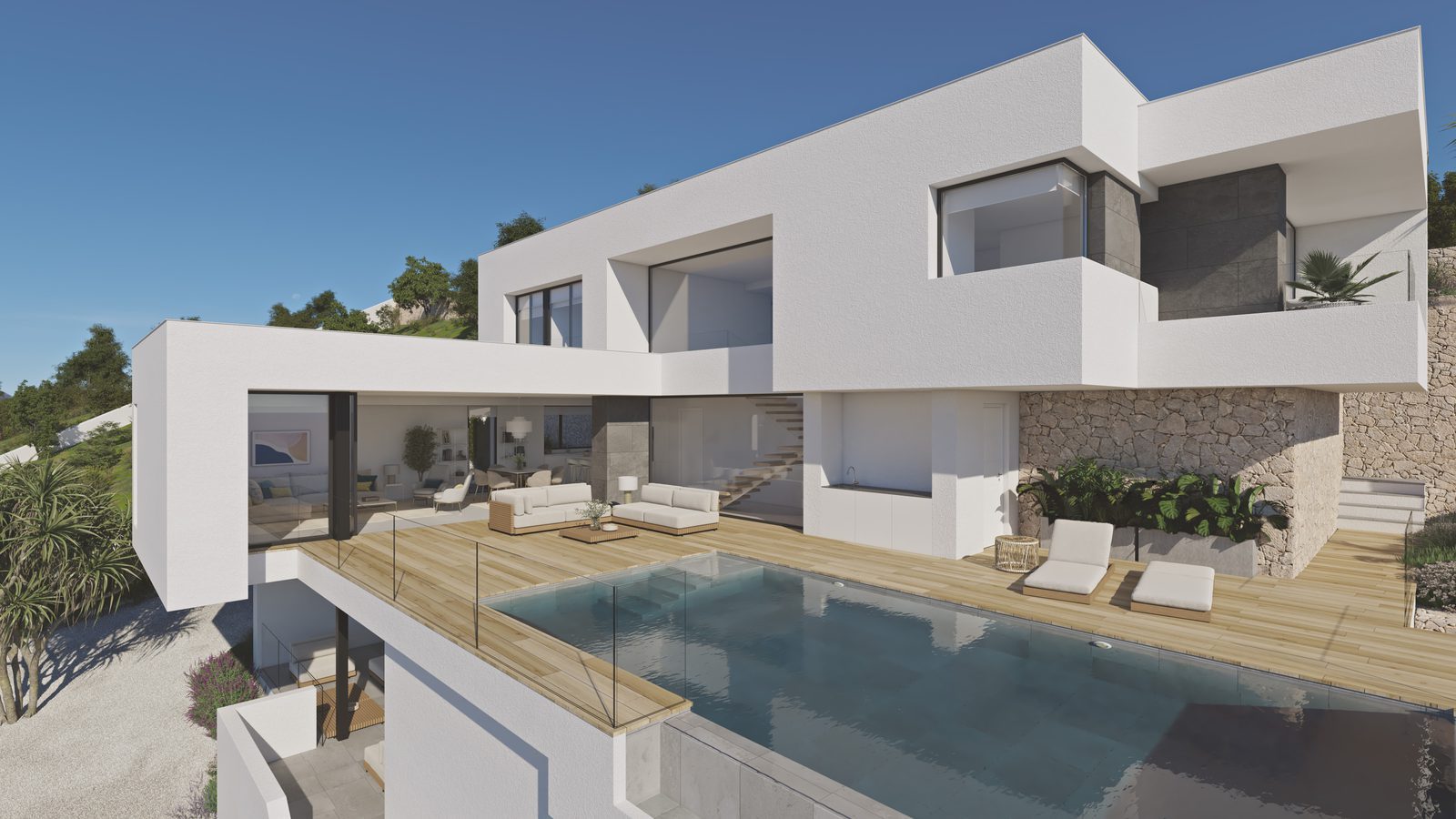 Modern white villa with infinity pool, sun terrace and outdoor lounge of a 3-bedroom villa in Benitachell - The Estates