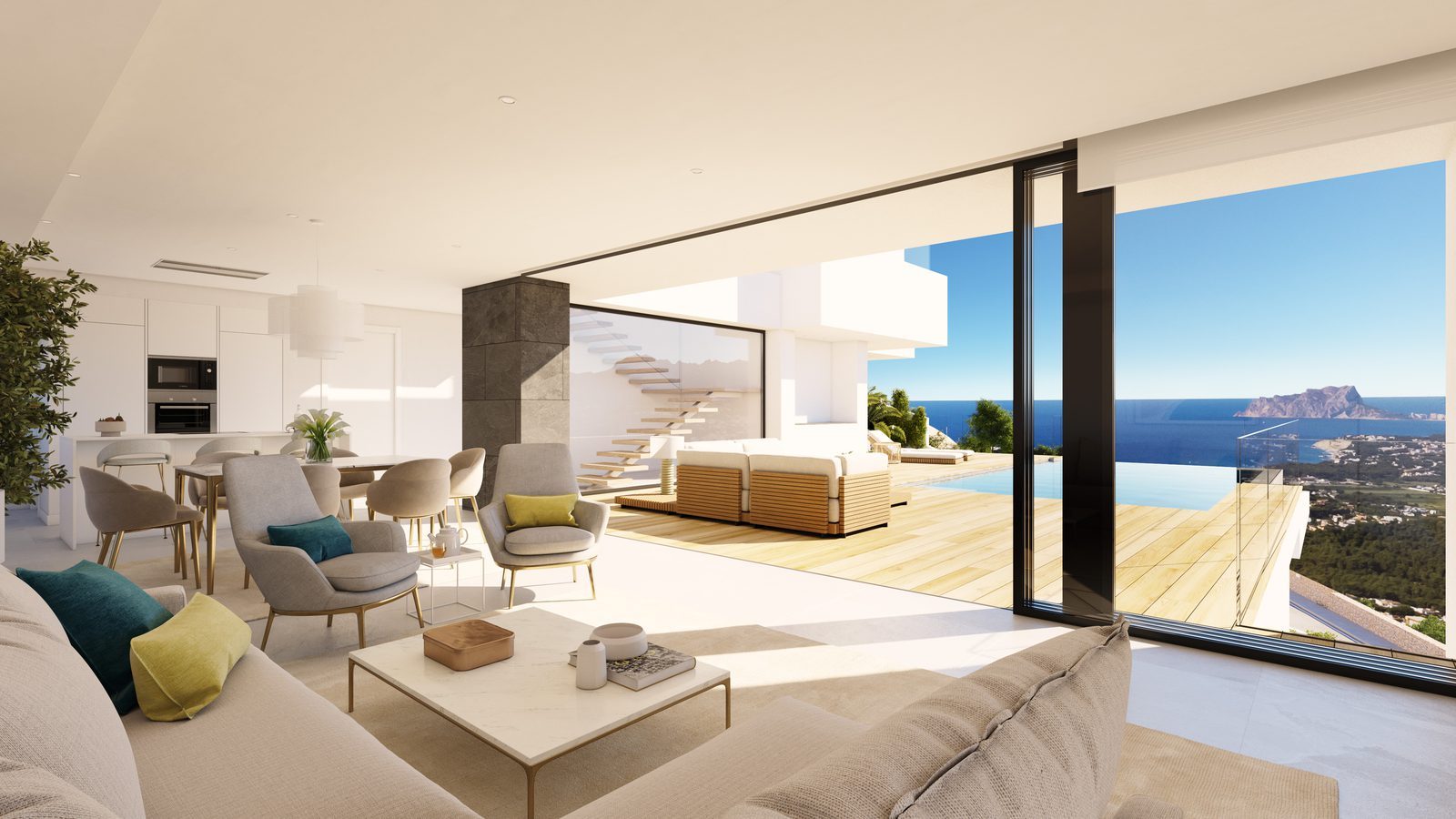 Open-plan living and dining area with panoramic sea views