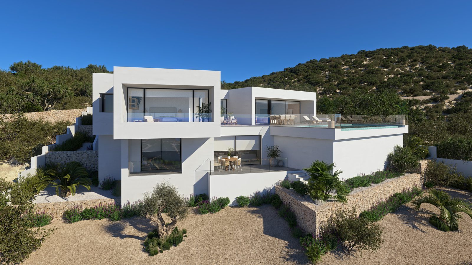 Modern exterior with pool and landscaped terraces of a 3-bedroom villa