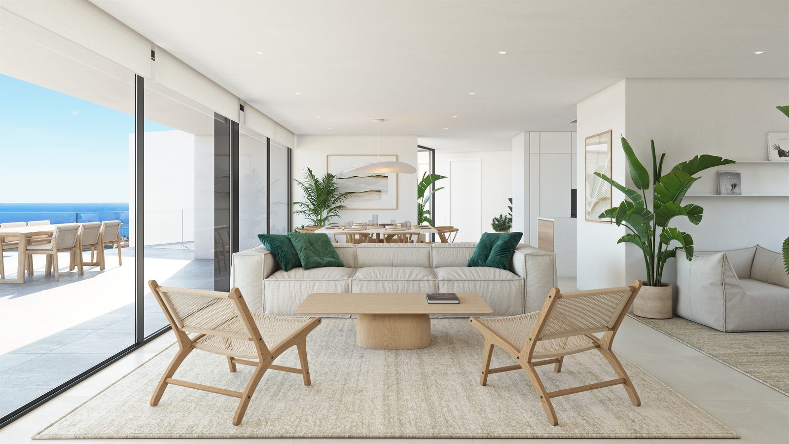 Modern open-plan living room with sea views in a 3-bedroom villa in Benitachell - The Estates