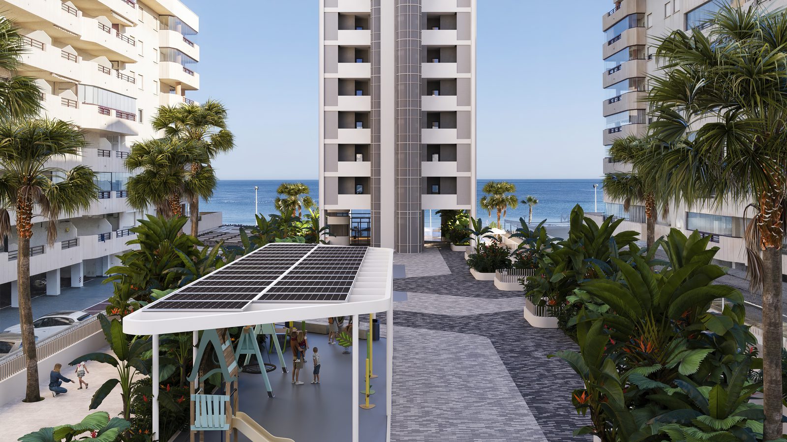 Exterior view of a 3-bedroom penthouse in Calpe with sea views and lush landscaping - The Estates