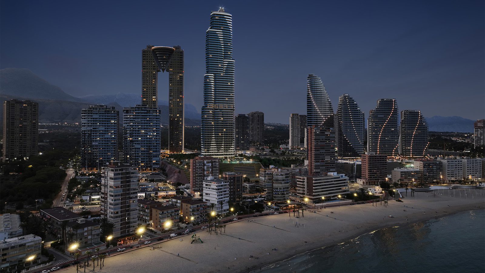 Aerial evening view of Benidorm skyline, beach and high-rise buildings of a 2-bedroom apartment in Benidorm - The Estates