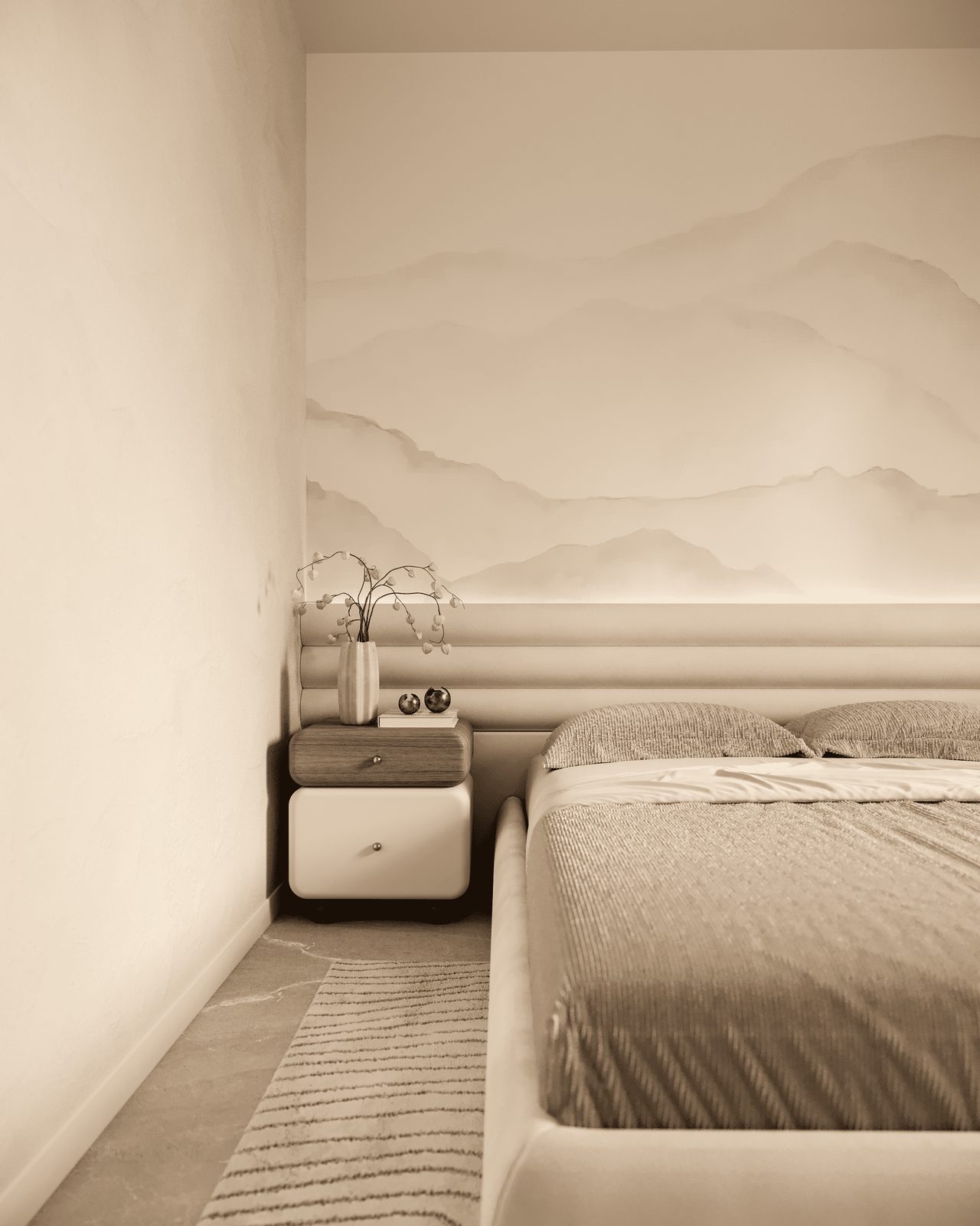 A bedroom interior with a view of mountains in a 2-bedroom apartment in Finestrat - The Estates