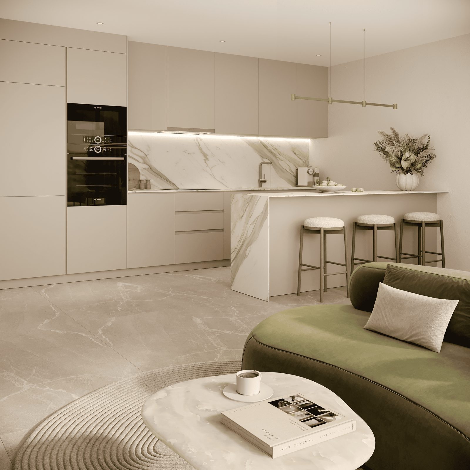 Modern kitchen and living area of a 2-bedroom apartment in Finestrat - The Estates