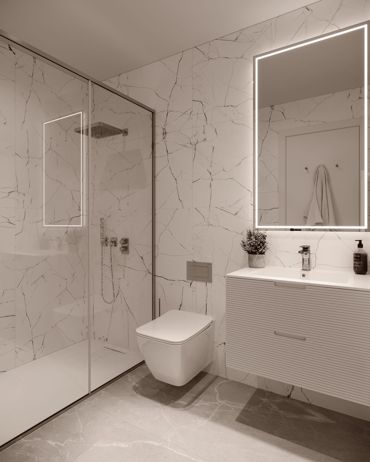 A modern bathroom with a walk-in shower in a 2-bedroom apartment in Finestrat - The Estates