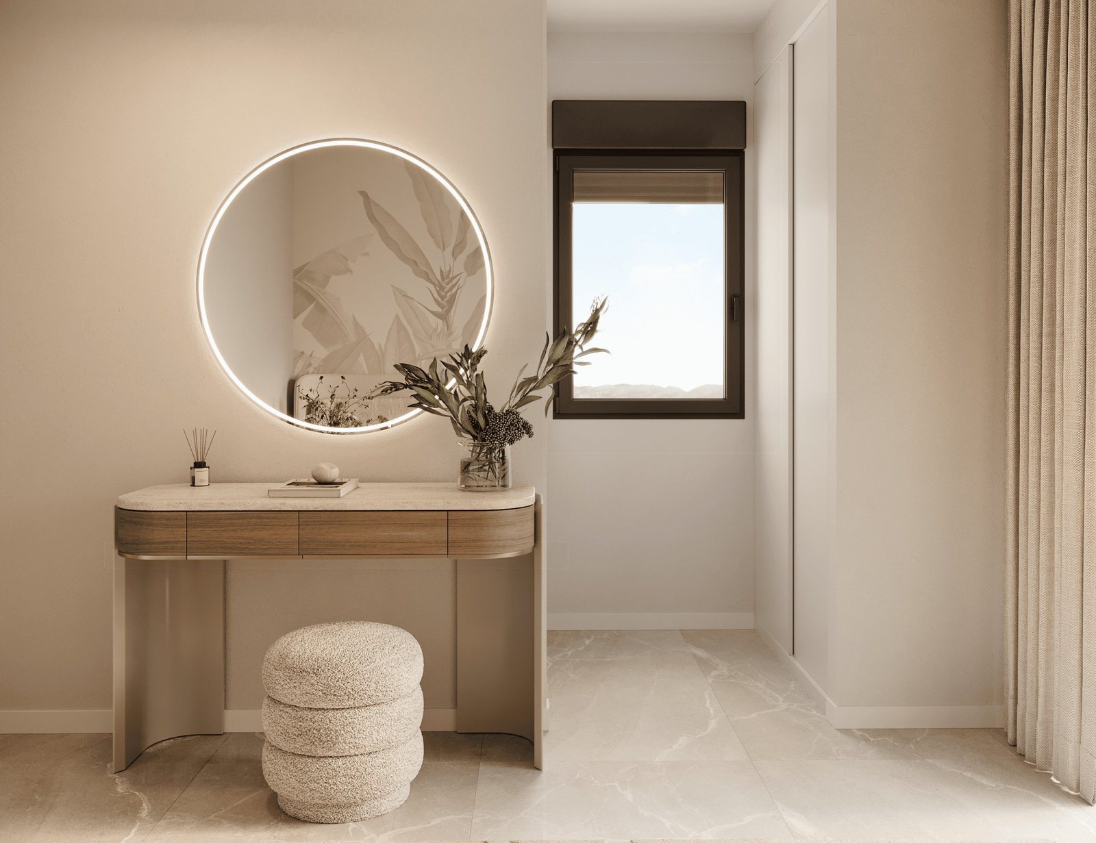 Stylish bedroom interior with a vanity and window showcasing mountain views of a 2-bedroom apartment in Finestrat - The Estates