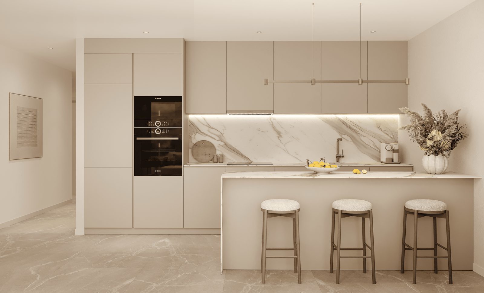 Modern kitchen with bar seating in a 2-bedroom apartment in Finestrat - The Estates