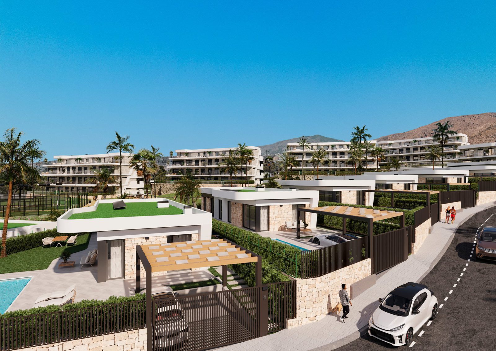 Exterior view of a modern 2-bedroom apartment complex with sea and mountain views - The Estates
