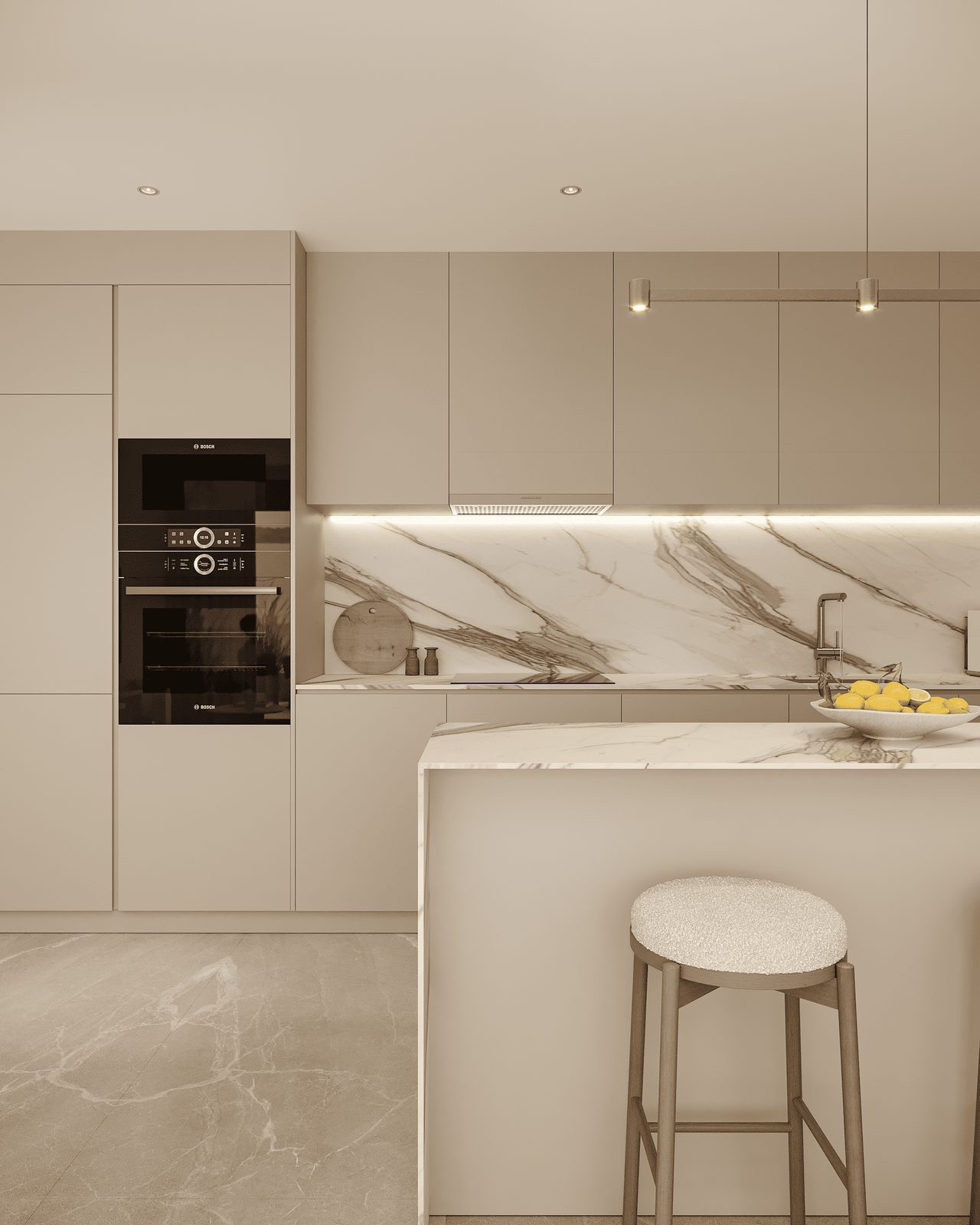 Modern kitchen with marble countertop and bar stool in a 2-bedroom apartment in Finestrat - The Estates