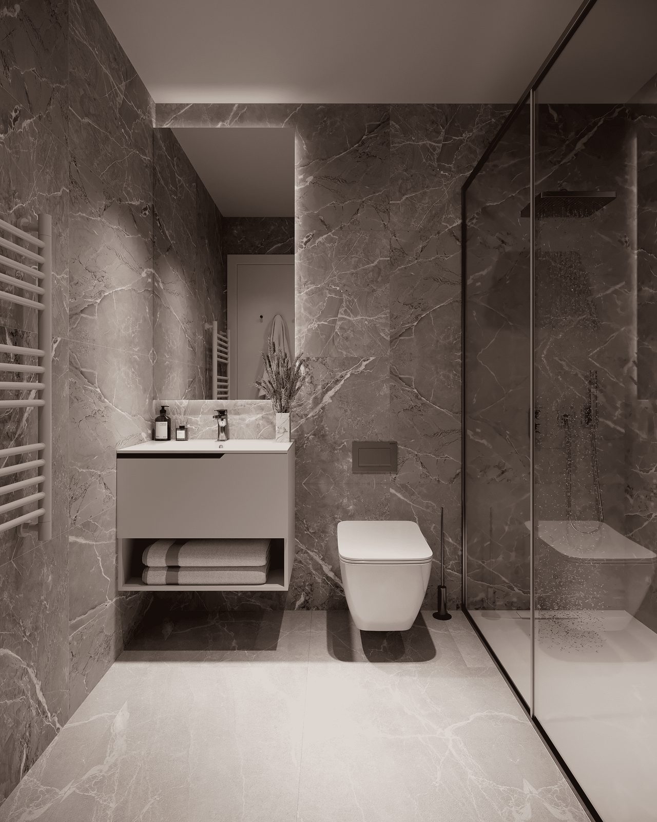 A modern bathroom with marble details in a 2-bedroom apartment in Finestrat - The Estates