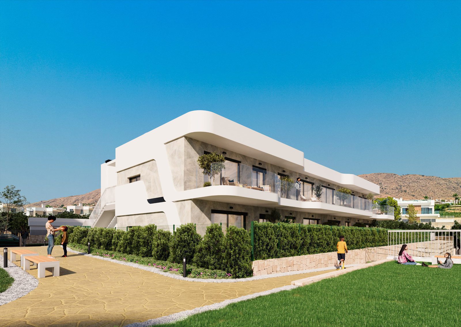 Exterior view of a modern 2-bedroom apartment with garden and mountain views - The Estates