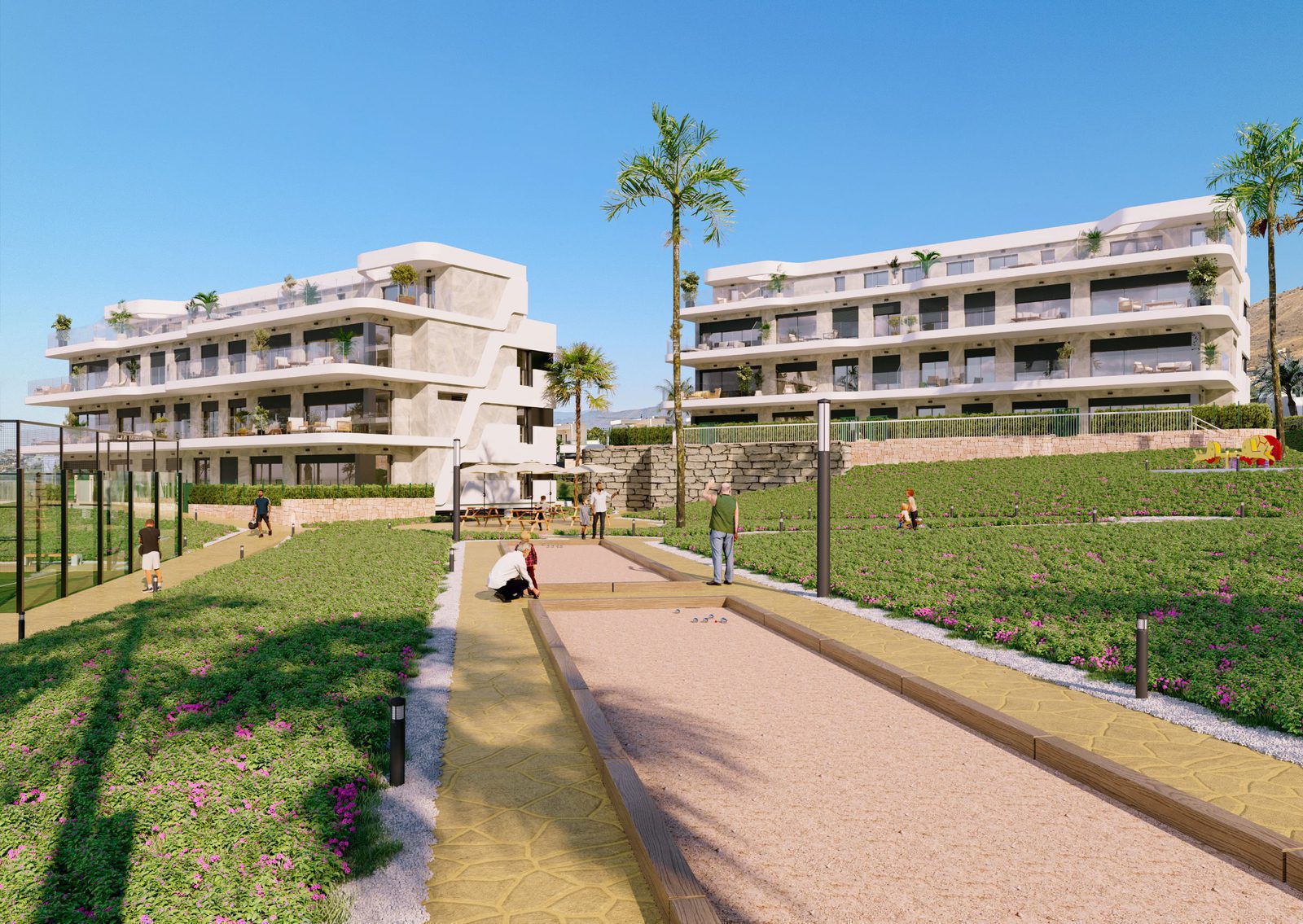 Exterior view of a 2-bedroom apartment complex with gardens and leisure areas in Finestrat - The Estates