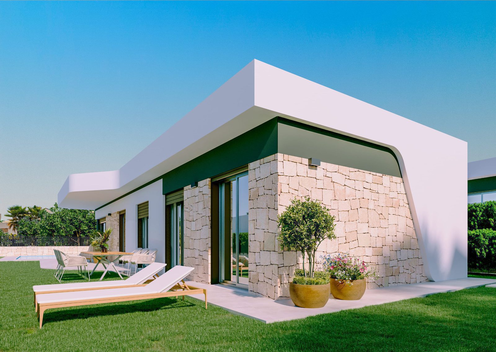 Exterior view of a modern 2-bedroom apartment with a garden and pool in Finestrat - The Estates