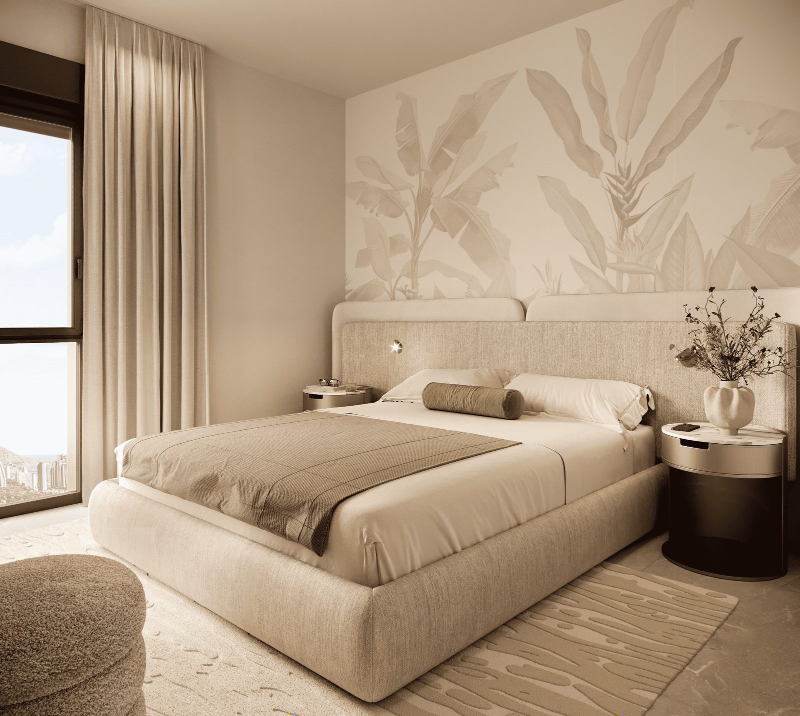 Stylish bedroom interior with a large window and botanical wallpaper in a 2-bedroom apartment in Finestrat - The Estates