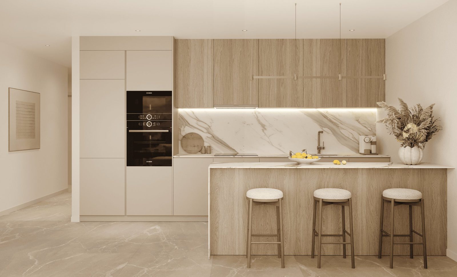 Modern kitchen with bar seating in a 2-bedroom apartment in Finestrat - The Estates