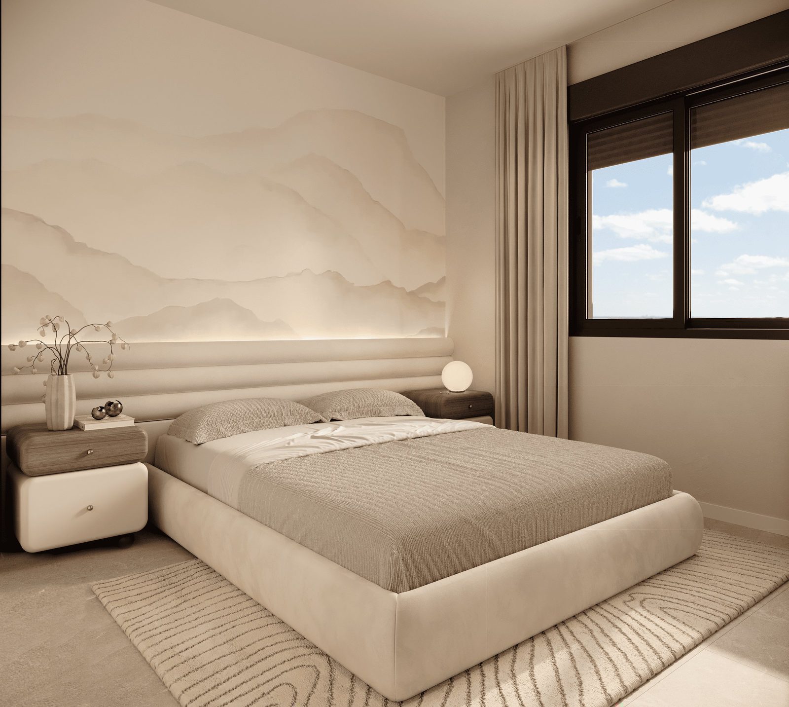 A stylish bedroom with mountain artwork in a 2-bedroom apartment in Finestrat - The Estates
