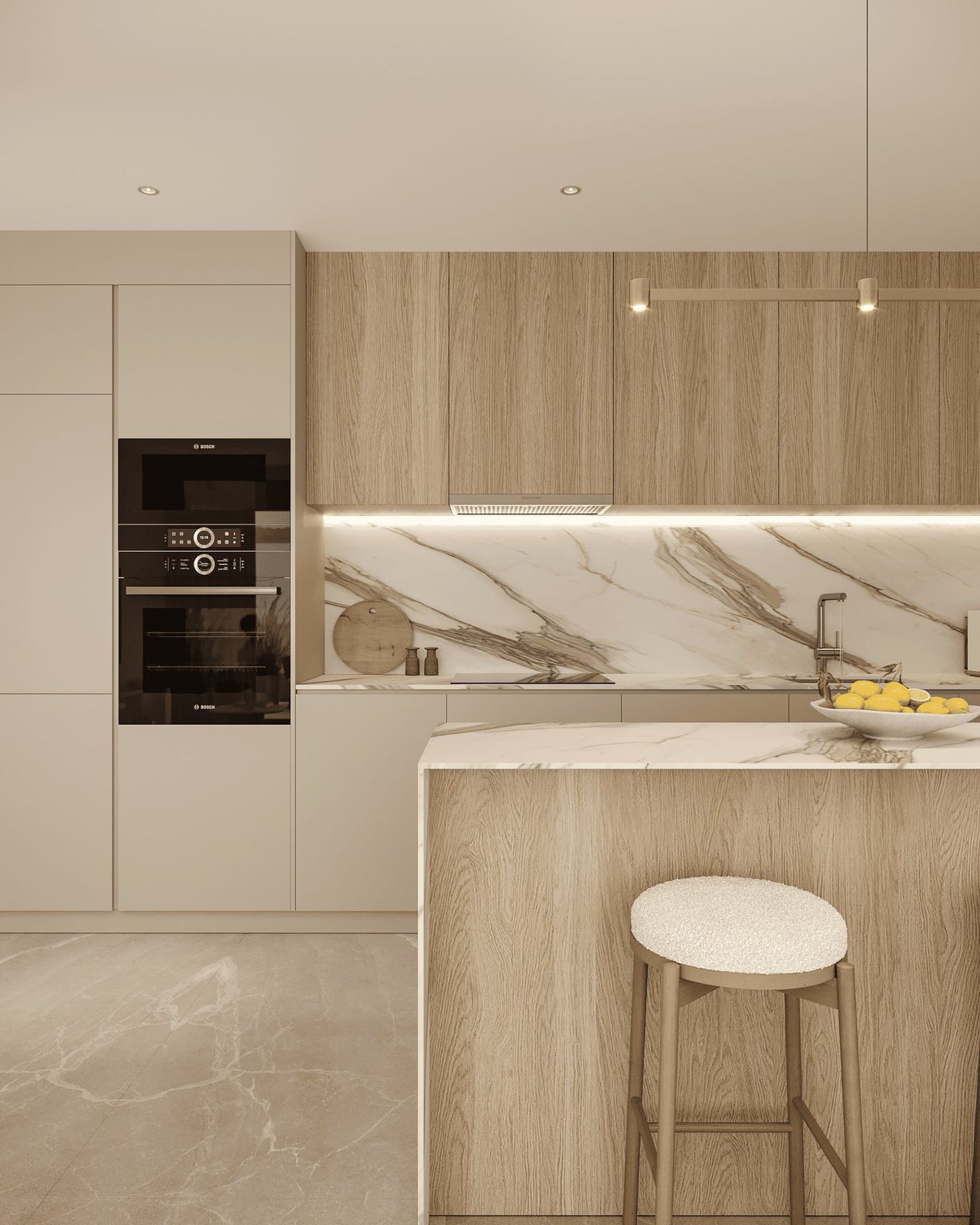 Modern kitchen with marble countertops and wooden cabinetry in a 2-bedroom apartment in Finestrat - The Estates