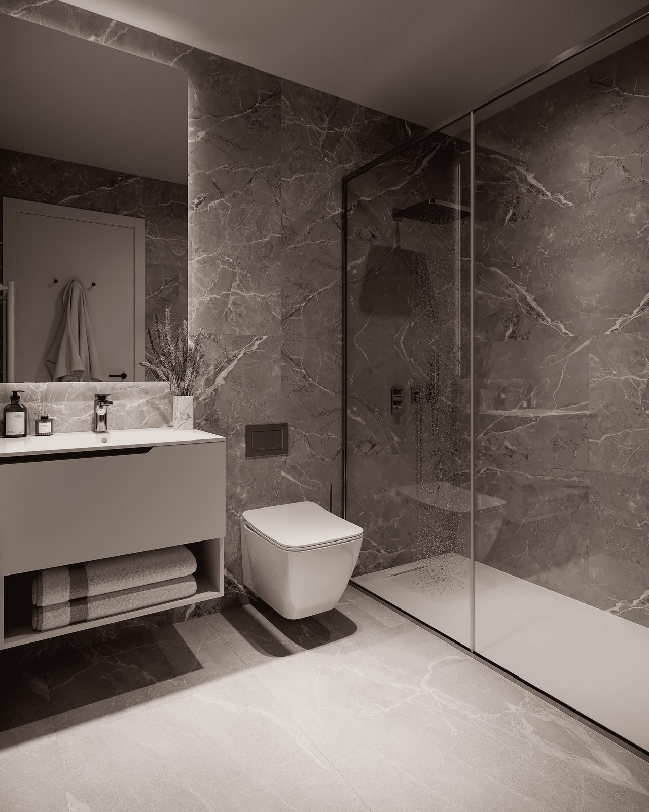 A modern bathroom with a walk-in shower in a 2-bedroom apartment in Finestrat - The Estates