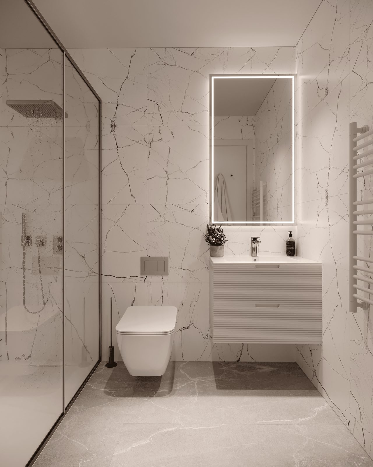 A modern bathroom with a walk-in shower in a 2-bedroom apartment in Finestrat - The Estates