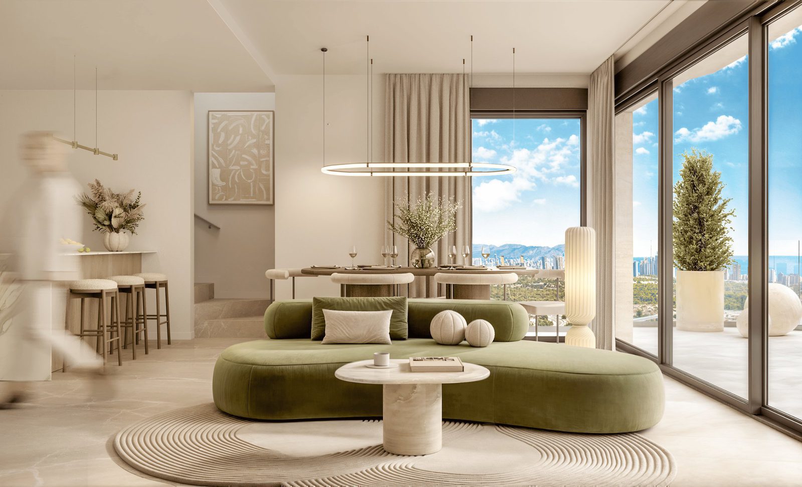 Stylish living room with panoramic sea and mountain views in a 2-bedroom apartment in Finestrat - The Estates