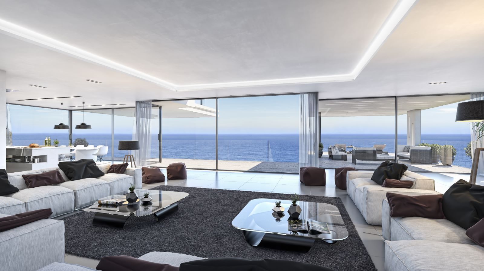 Open-plan living room with floor-to-ceiling