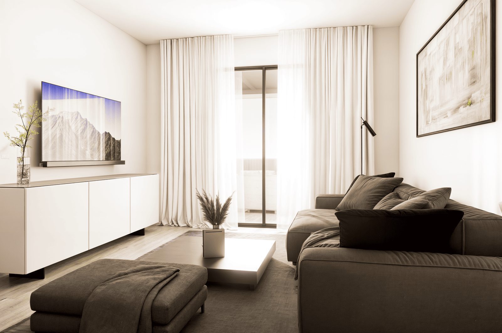 A bright living room with a large TV and comfortable seating in a 2-bedroom penthouse in Finestrat - The Estates