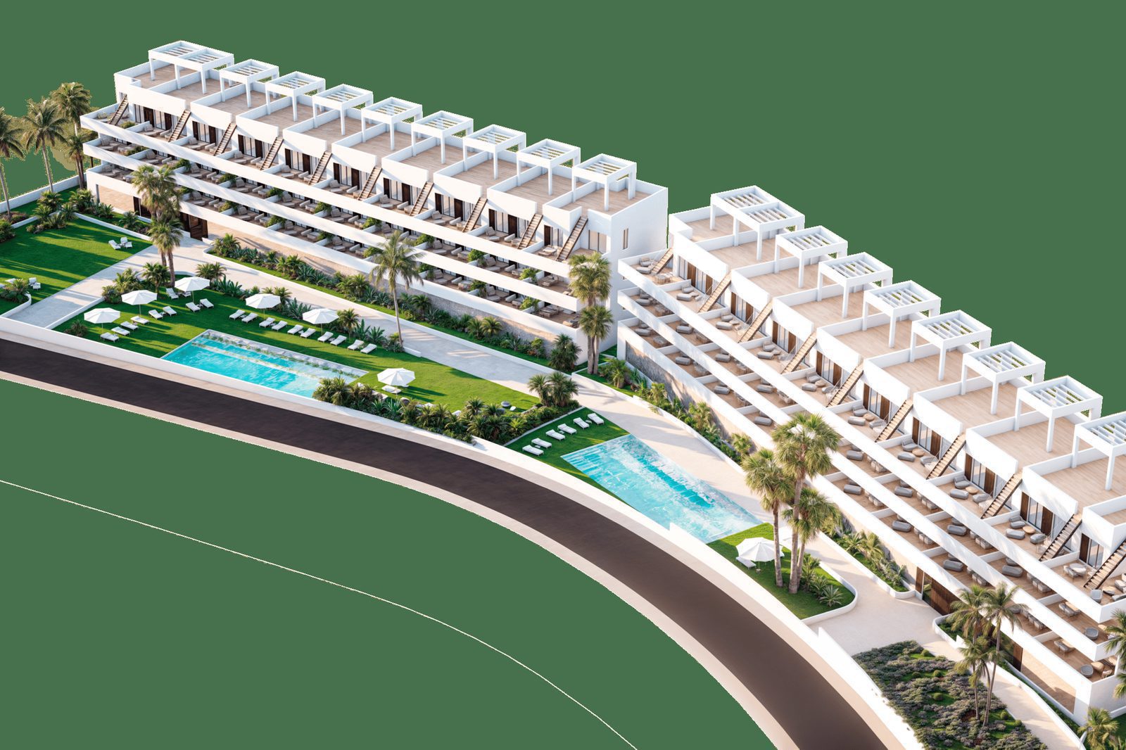 Aerial view of a modern penthouse complex with a pool and lush landscaping in Finestrat - The Estates